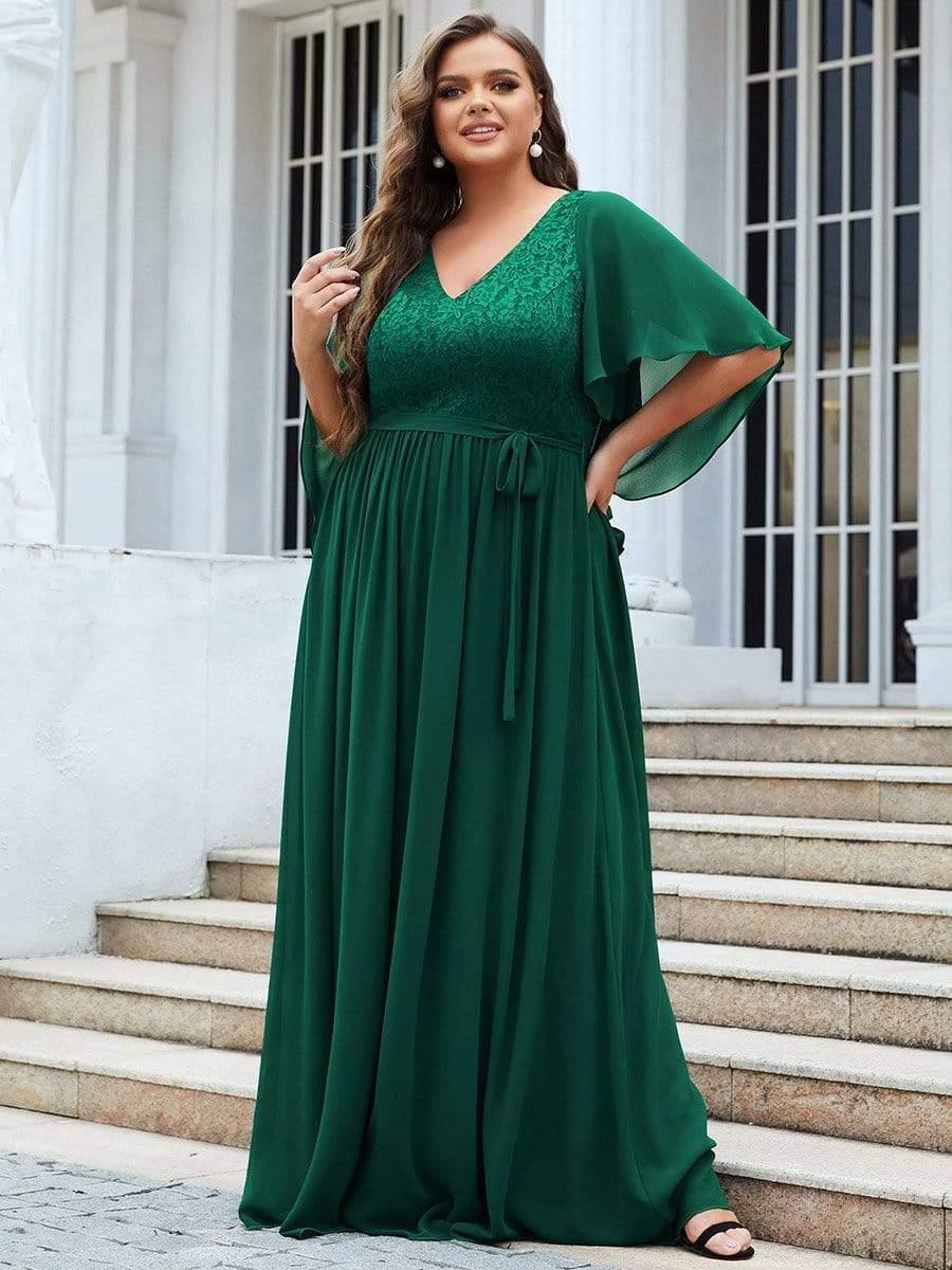 Classic Plus Size Deep V-Neck Lace Long Evening Dress with Sleeves
