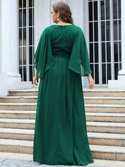 Classic Plus Size Deep V-Neck Lace Long Evening Dress with Sleeves