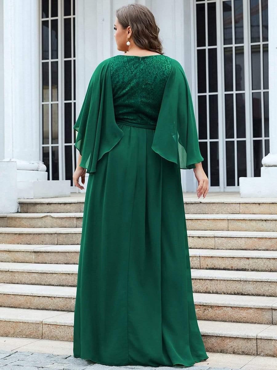 Classic Plus Size Deep V-Neck Lace Long Evening Dress with Sleeves