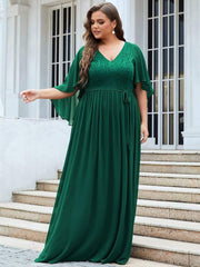 Classic Plus Size Deep V-Neck Lace Long Evening Dress with Sleeves