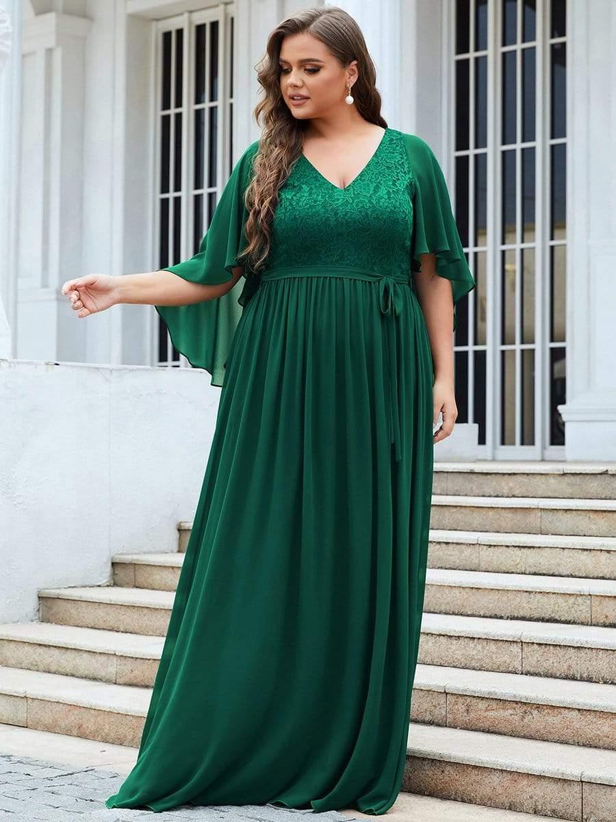 Classic Plus Size Deep V-Neck Lace Long Evening Dress with Sleeves