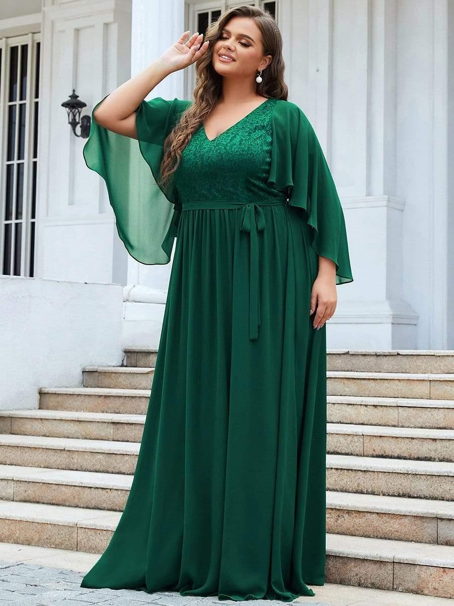 Classic Plus Size Deep V-Neck Lace Long Evening Dress with Sleeves