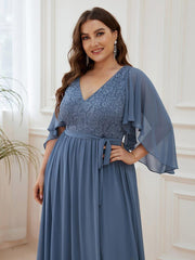 Classic Plus Size Deep V-Neck Lace Long Evening Dress with Sleeves