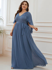 Classic Plus Size Deep V-Neck Lace Long Evening Dress with Sleeves