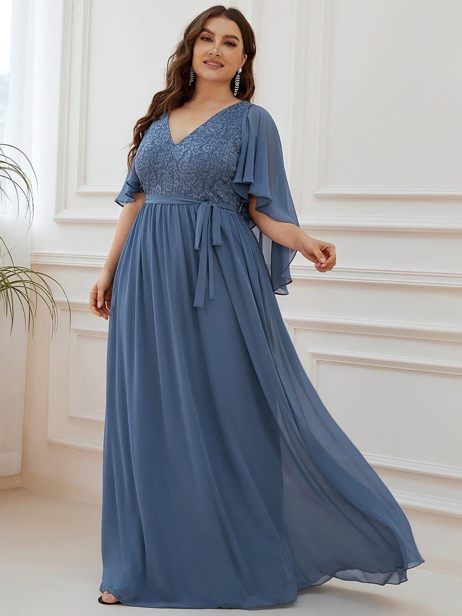 Classic Plus Size Deep V-Neck Lace Long Evening Dress with Sleeves
