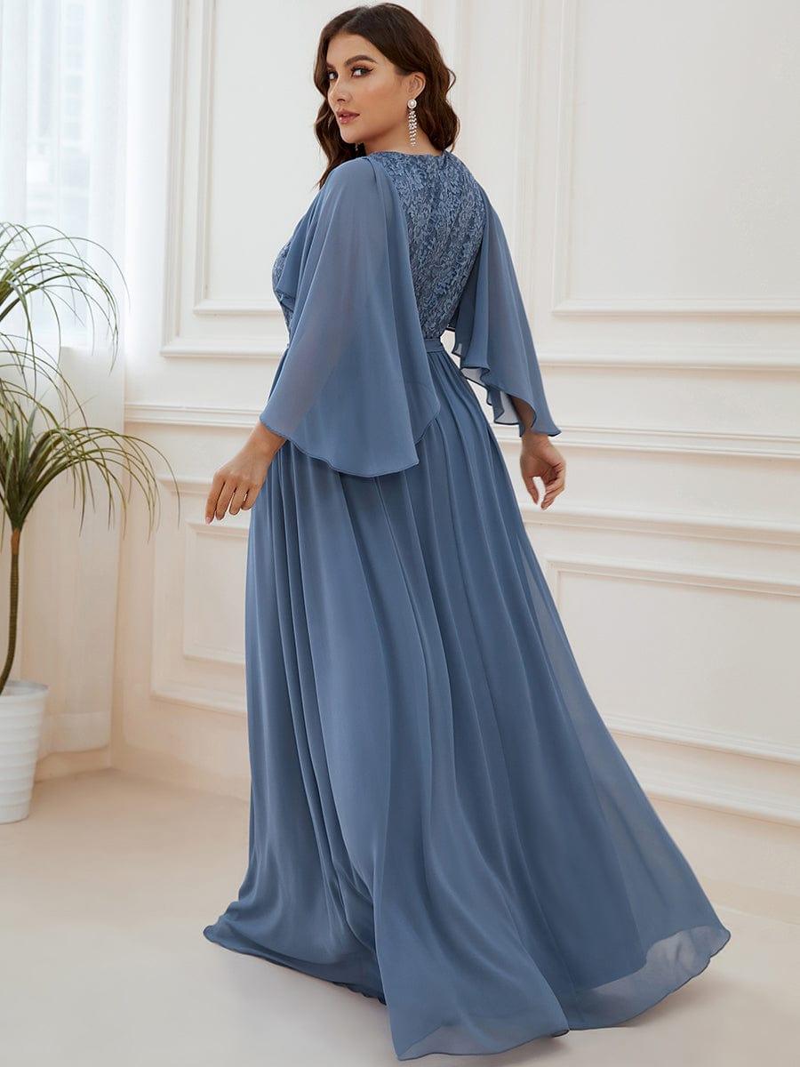Classic Plus Size Deep V-Neck Lace Long Evening Dress with Sleeves