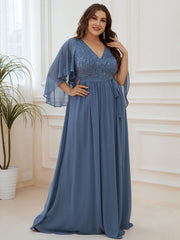 Classic Plus Size Deep V-Neck Lace Long Evening Dress with Sleeves