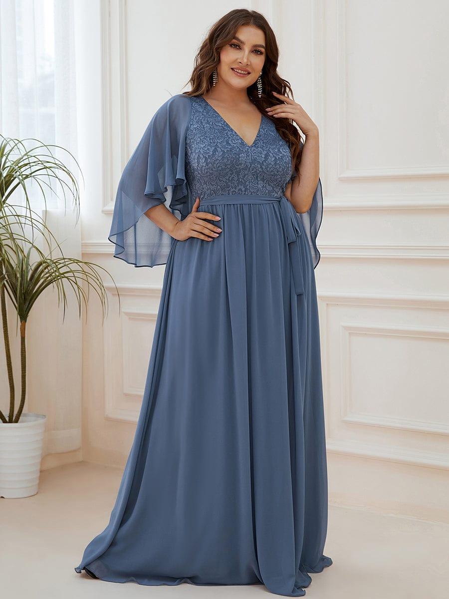Classic Plus Size Deep V-Neck Lace Long Evening Dress with Sleeves
