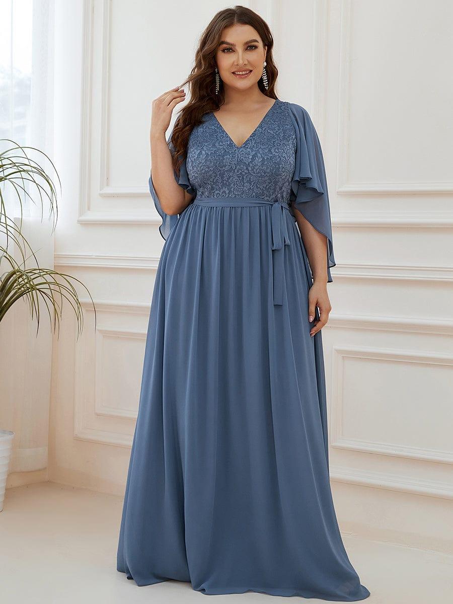 Classic Plus Size Deep V-Neck Lace Long Evening Dress with Sleeves