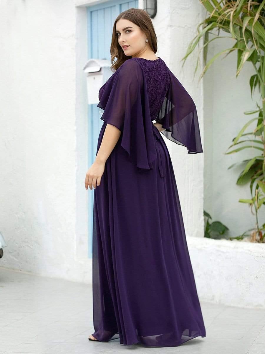 Classic Plus Size Deep V-Neck Lace Long Evening Dress with Sleeves