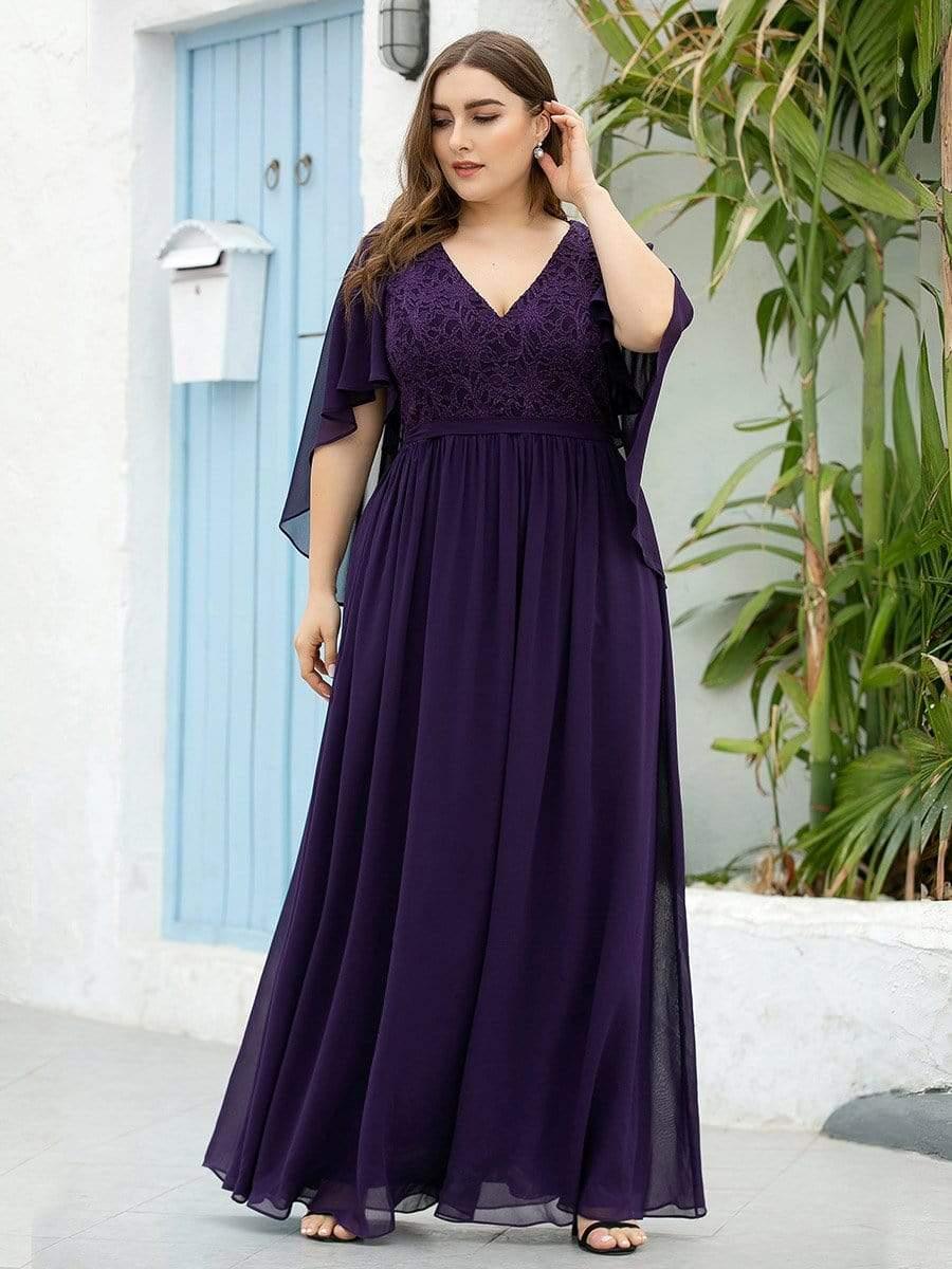 Classic Plus Size Deep V-Neck Lace Long Evening Dress with Sleeves