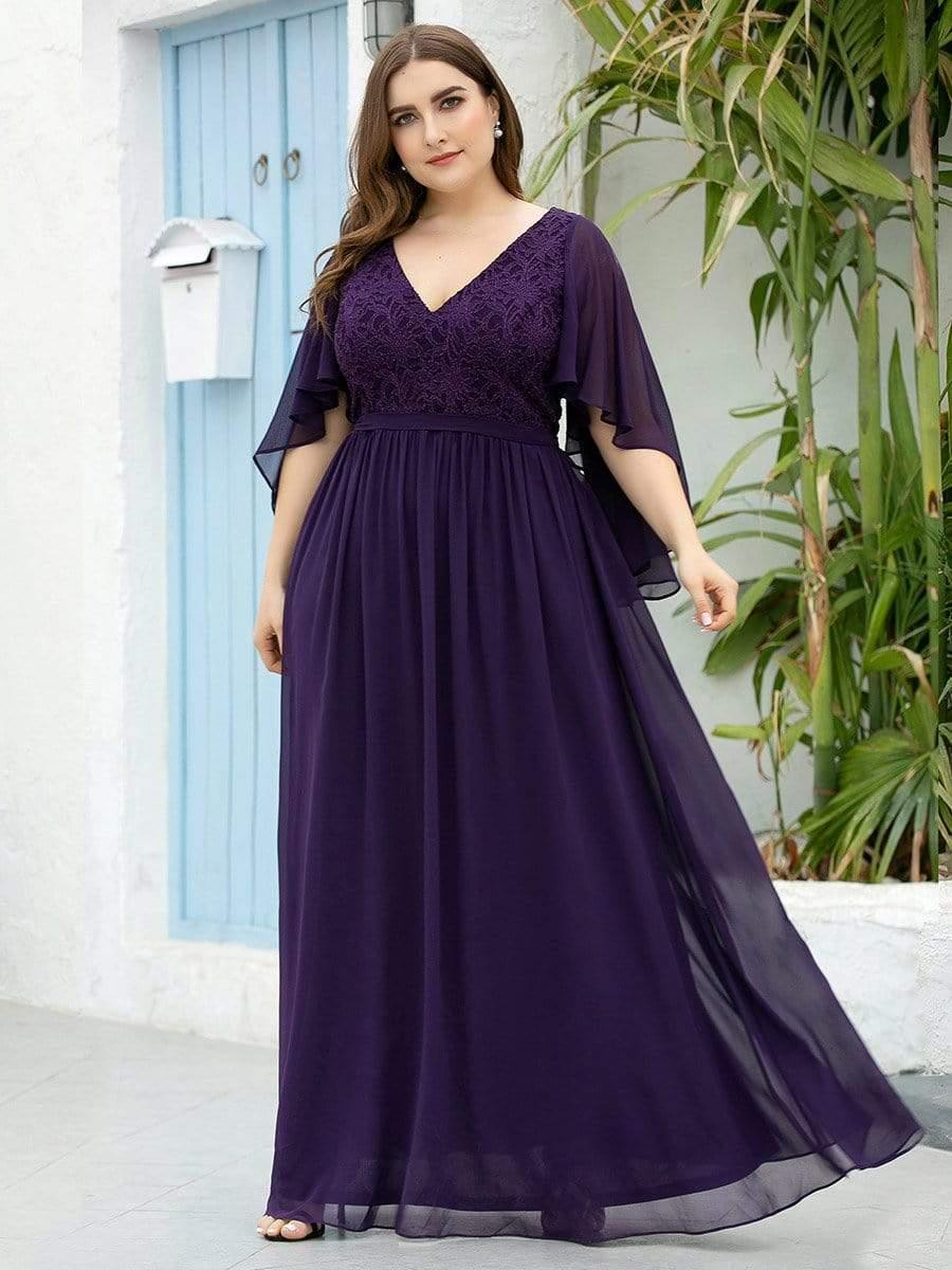 Classic Plus Size Deep V-Neck Lace Long Evening Dress with Sleeves