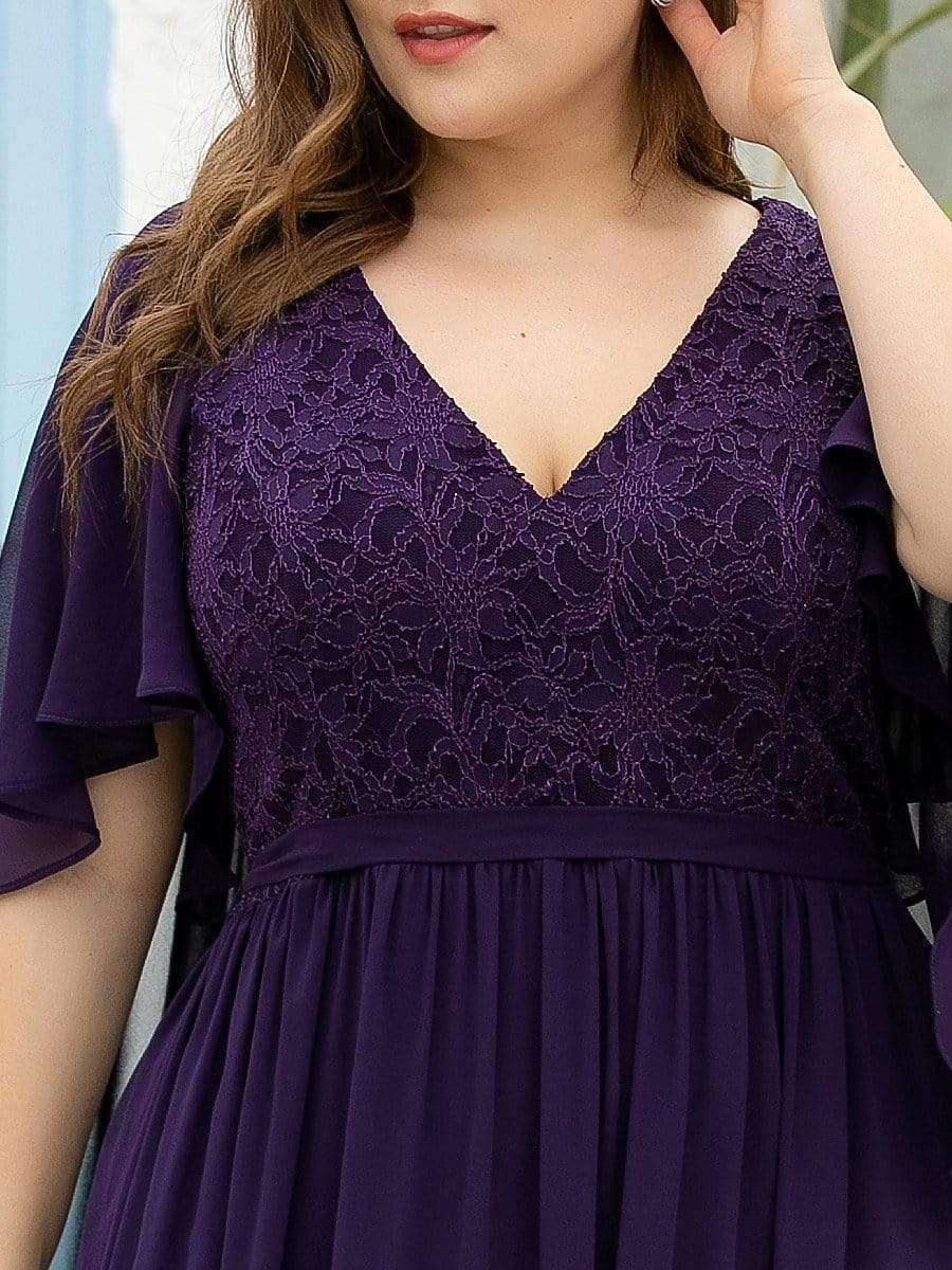 Classic Plus Size Deep V-Neck Lace Long Evening Dress with Sleeves