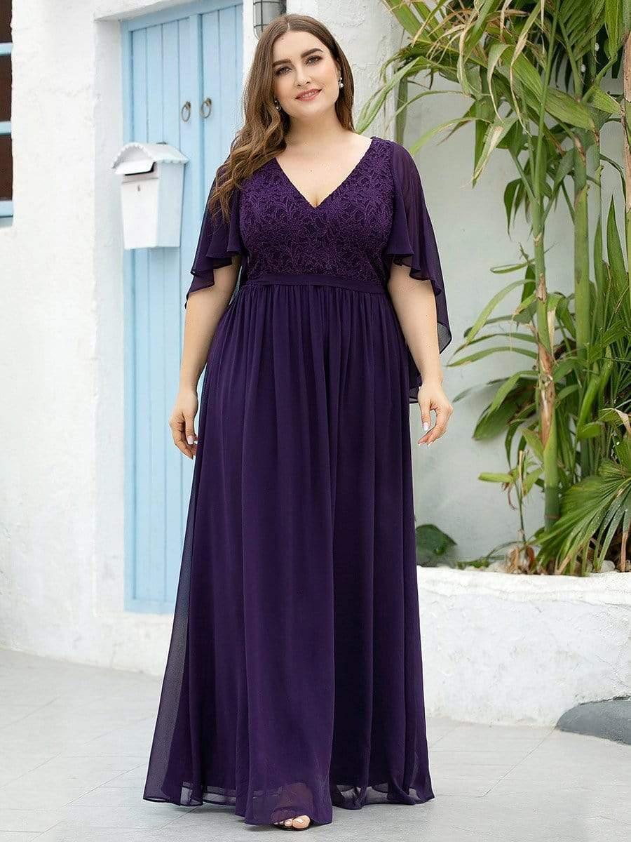 Classic Plus Size Deep V-Neck Lace Long Evening Dress with Sleeves