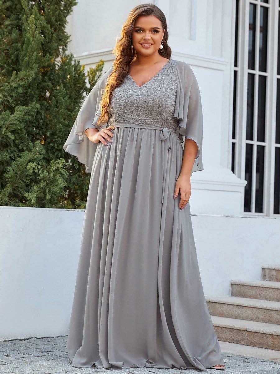 Classic Plus Size Deep V-Neck Lace Long Evening Dress with Sleeves