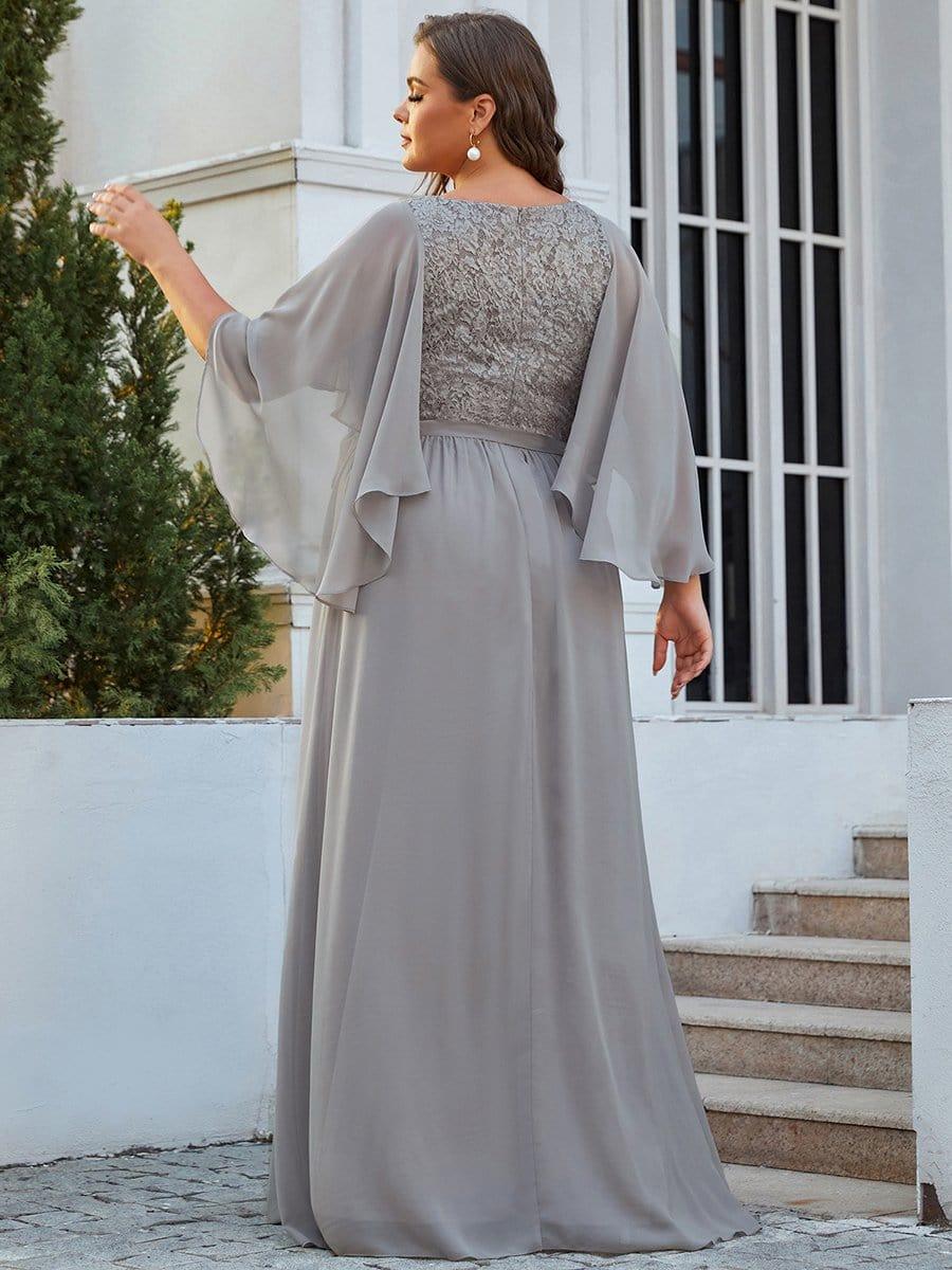 Classic Plus Size Deep V-Neck Lace Long Evening Dress with Sleeves