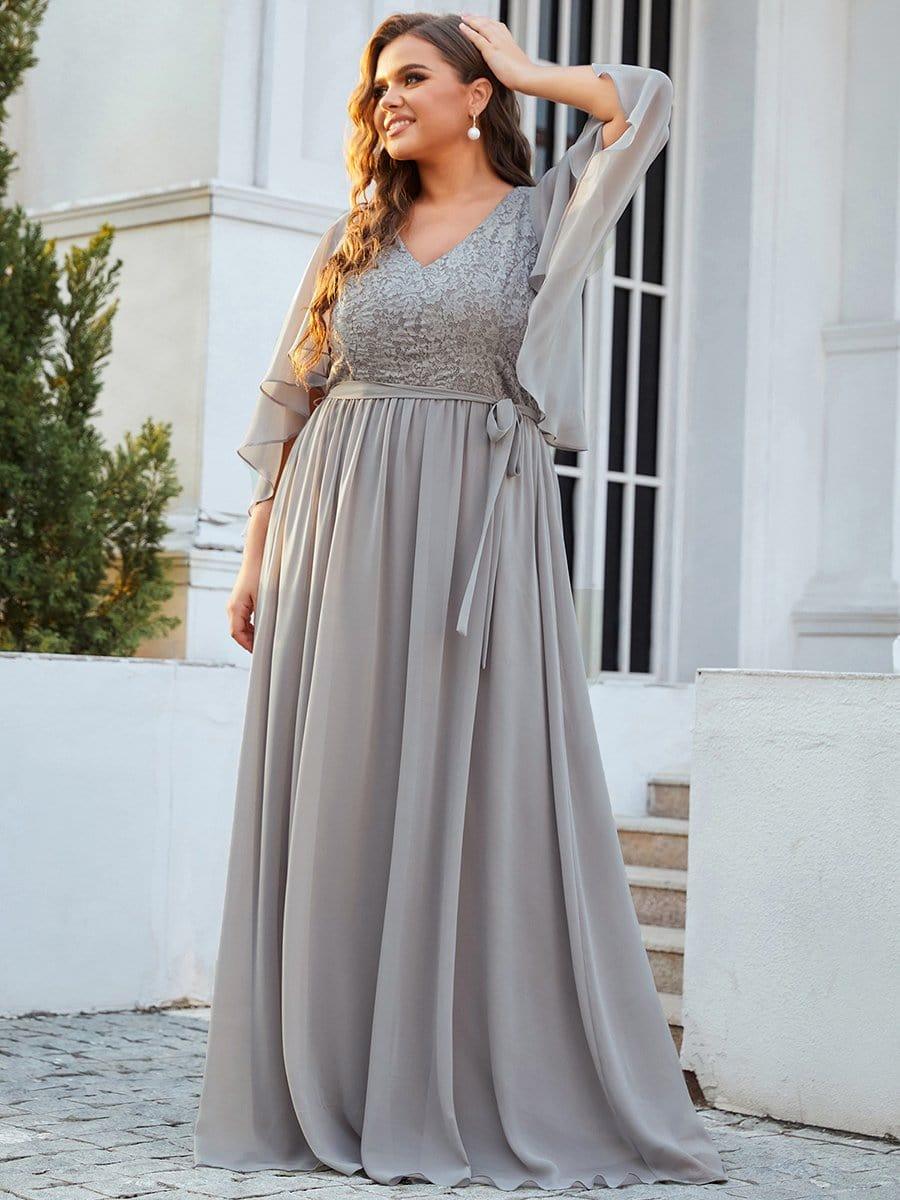 Classic Plus Size Deep V-Neck Lace Long Evening Dress with Sleeves