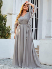 Classic Plus Size Deep V-Neck Lace Long Evening Dress with Sleeves