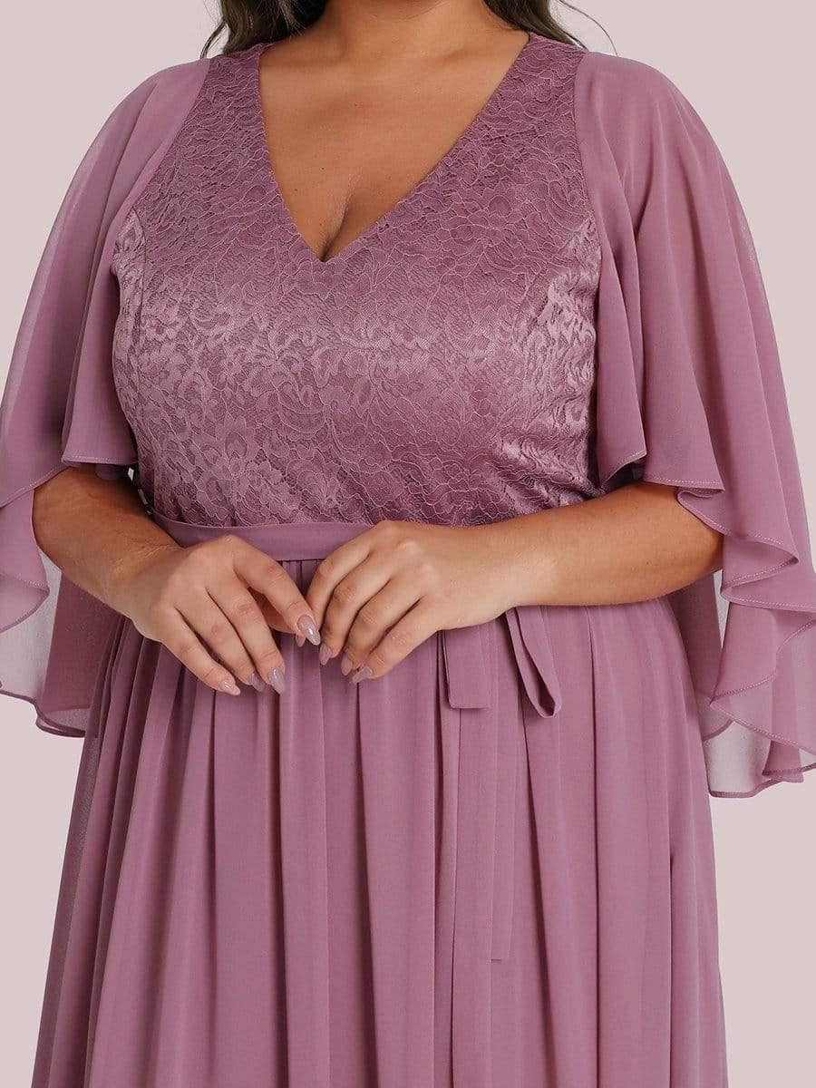 Classic Plus Size Deep V-Neck Lace Long Evening Dress with Sleeves