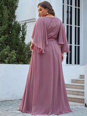 Classic Plus Size Deep V-Neck Lace Long Evening Dress with Sleeves