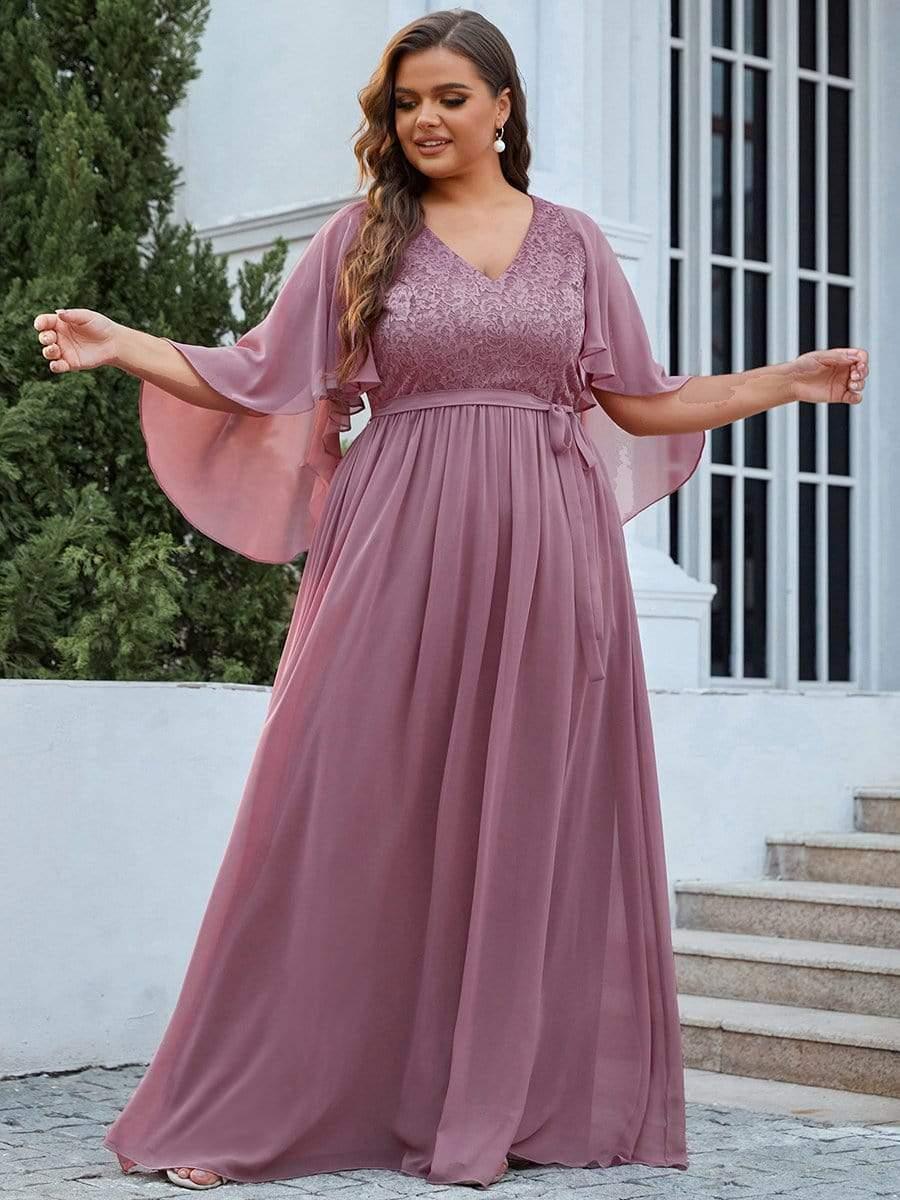 Classic Plus Size Deep V-Neck Lace Long Evening Dress with Sleeves