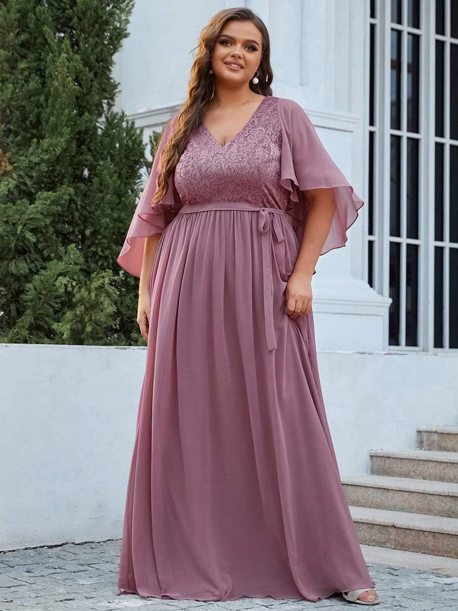 Classic Plus Size Deep V-Neck Lace Long Evening Dress with Sleeves