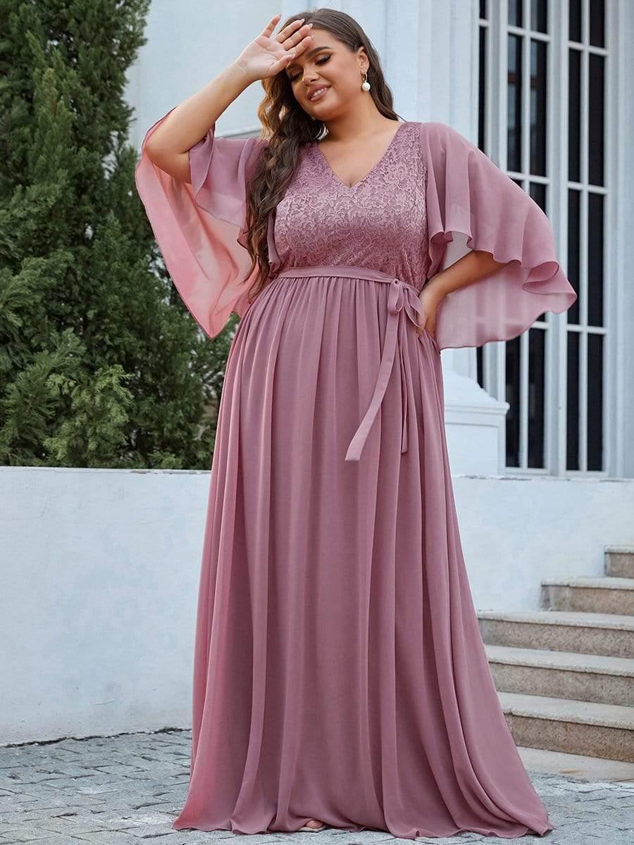 Classic Plus Size Deep V-Neck Lace Long Evening Dress with Sleeves