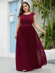 Glamorous Plus Size Round Neck A-Line Chiffon Bridesmaid Dresses with Open Back
