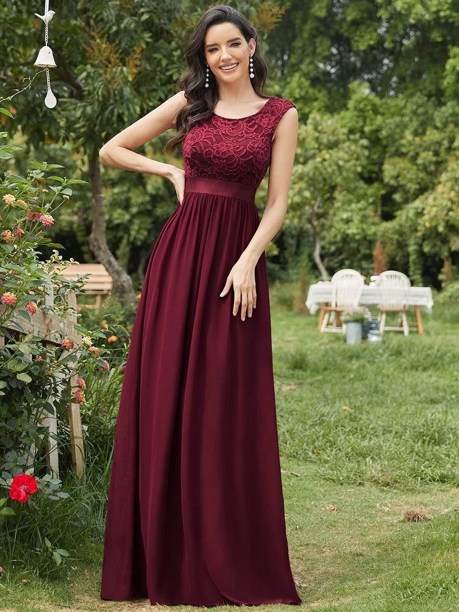 Classic Sleeveless A-Line Lace Bodice Bridesmaid Dress with Open Back