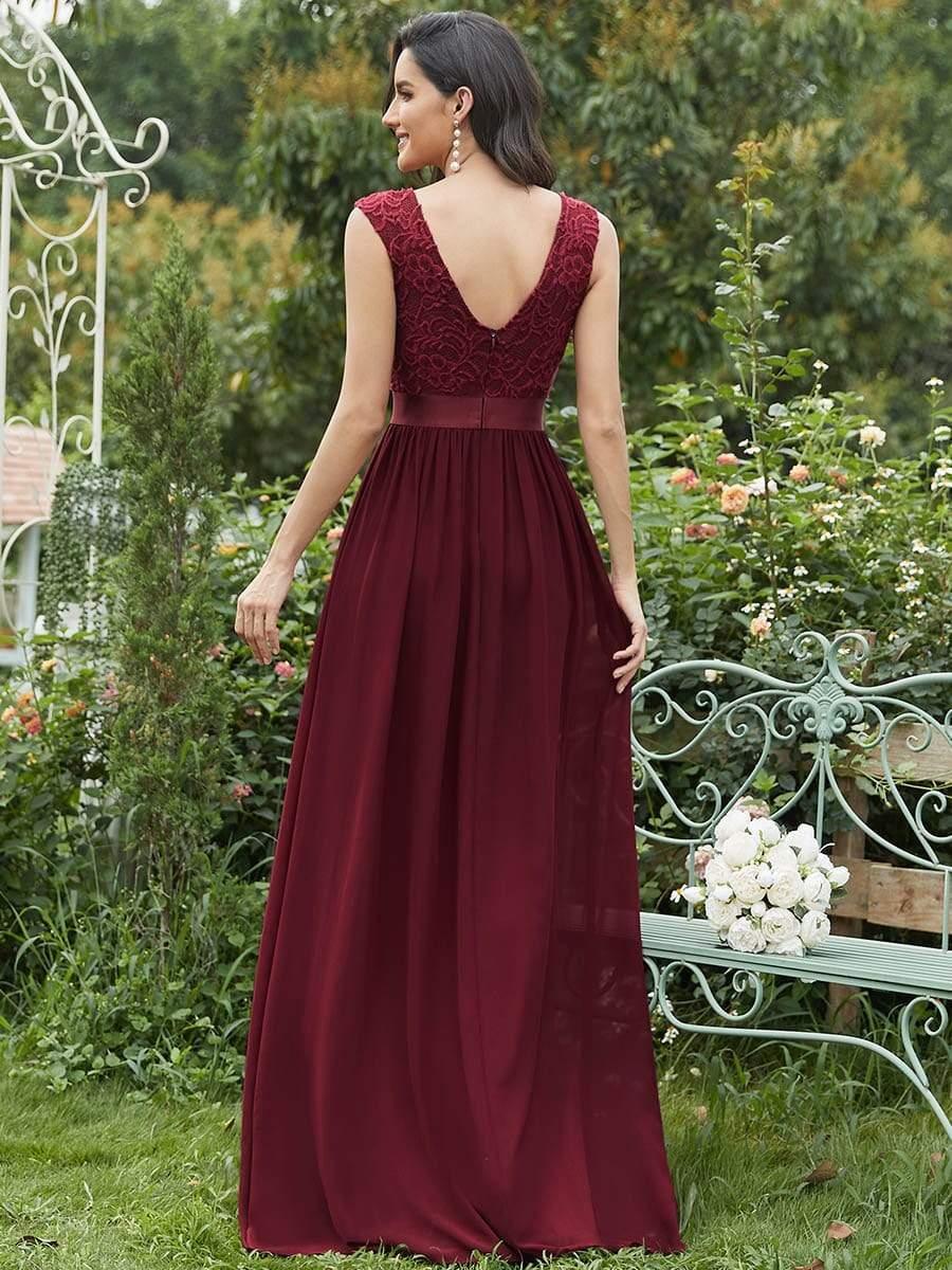 Classic Sleeveless A-Line Lace Bodice Bridesmaid Dress with Open Back