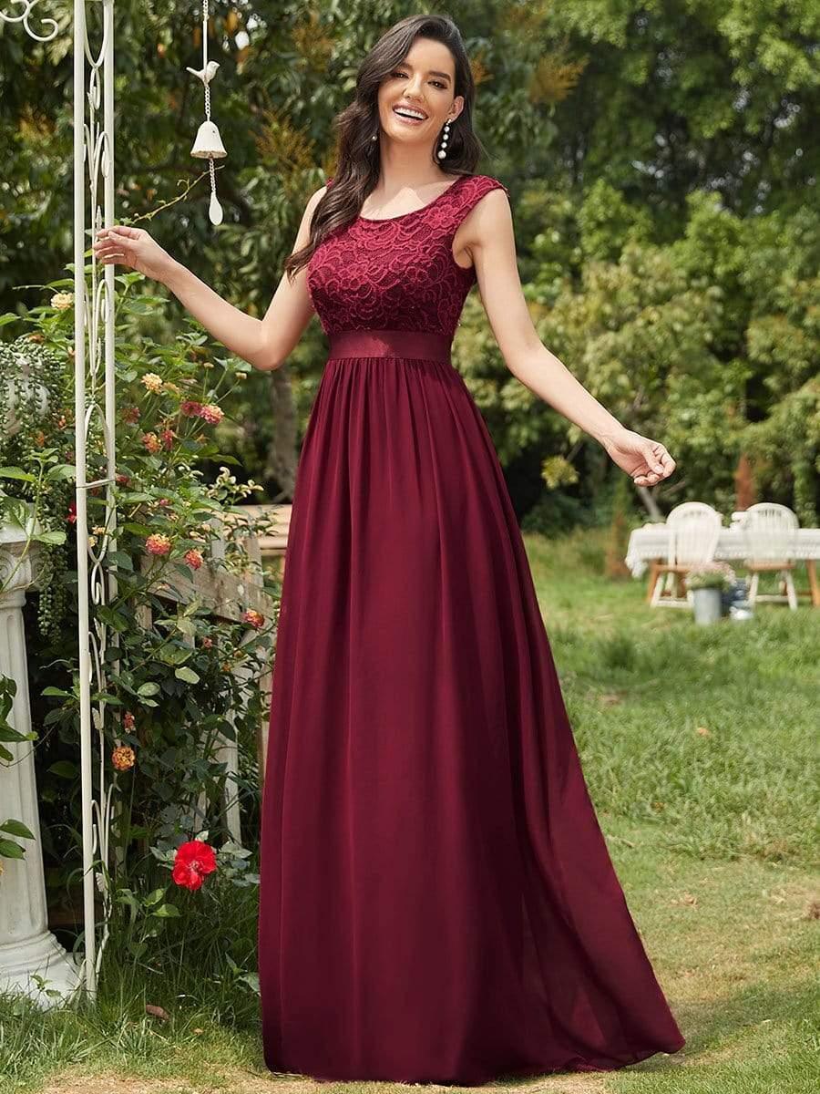 Classic Sleeveless A-Line Lace Bodice Bridesmaid Dress with Open Back