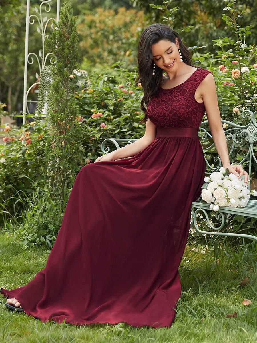 Classic Sleeveless A-Line Lace Bodice Bridesmaid Dress with Open Back