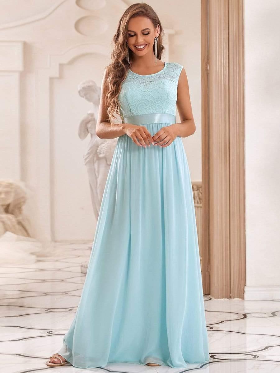 Classic Sleeveless A-Line Lace Bodice Bridesmaid Dress with Open Back