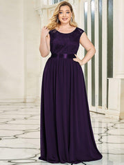 Glamorous Plus Size Round Neck A-Line Chiffon Bridesmaid Dresses with Open Back