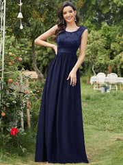 Classic Sleeveless A-Line Lace Bodice Bridesmaid Dress with Open Back