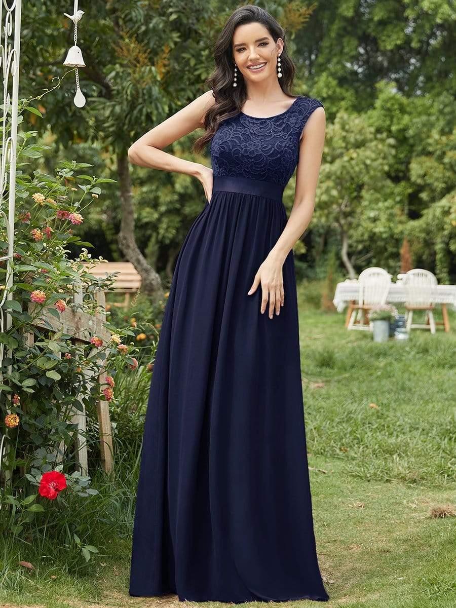 Classic Sleeveless A-Line Lace Bodice Bridesmaid Dress with Open Back