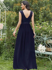 Classic Sleeveless A-Line Lace Bodice Bridesmaid Dress with Open Back