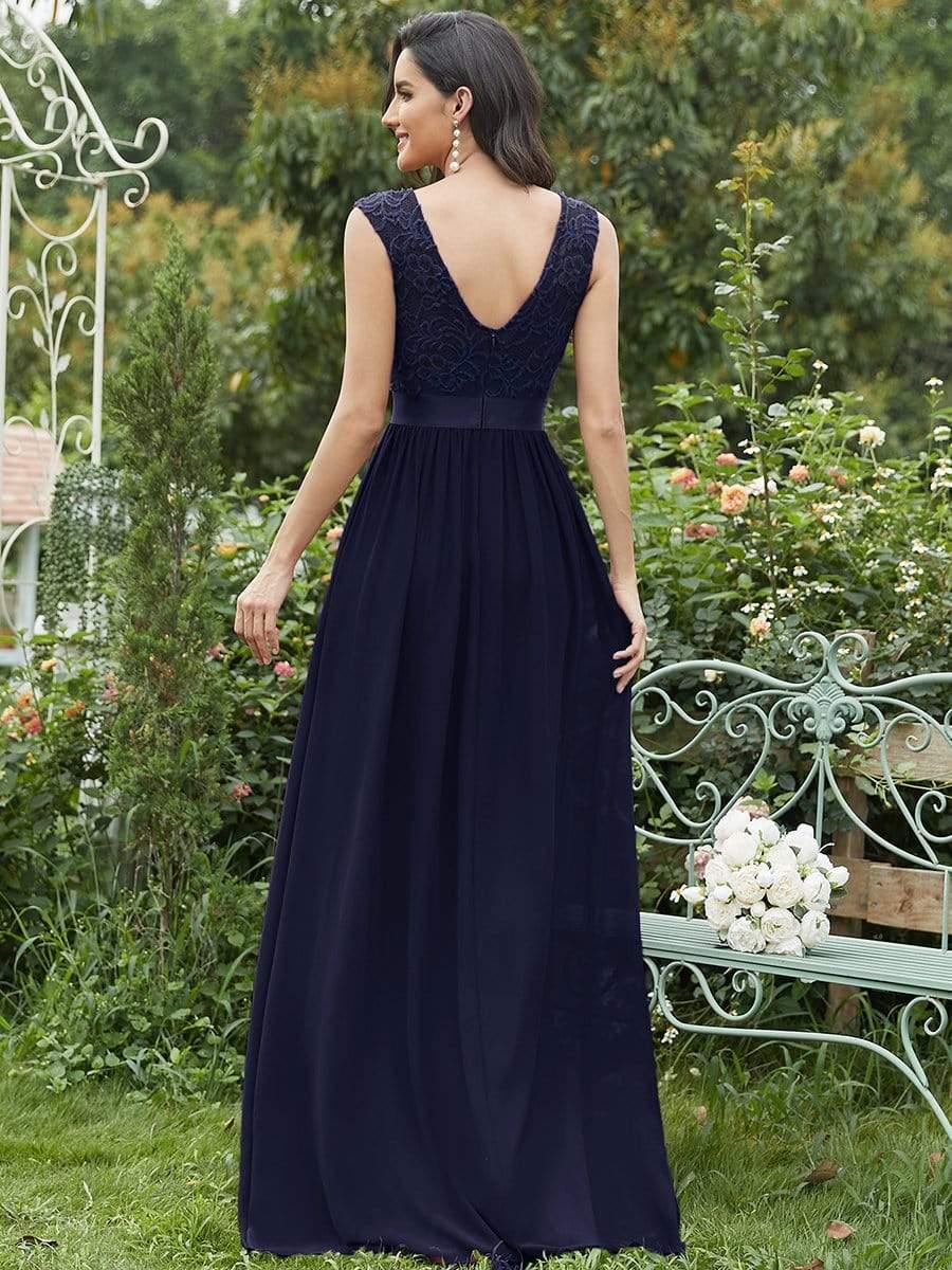 Classic Sleeveless A-Line Lace Bodice Bridesmaid Dress with Open Back