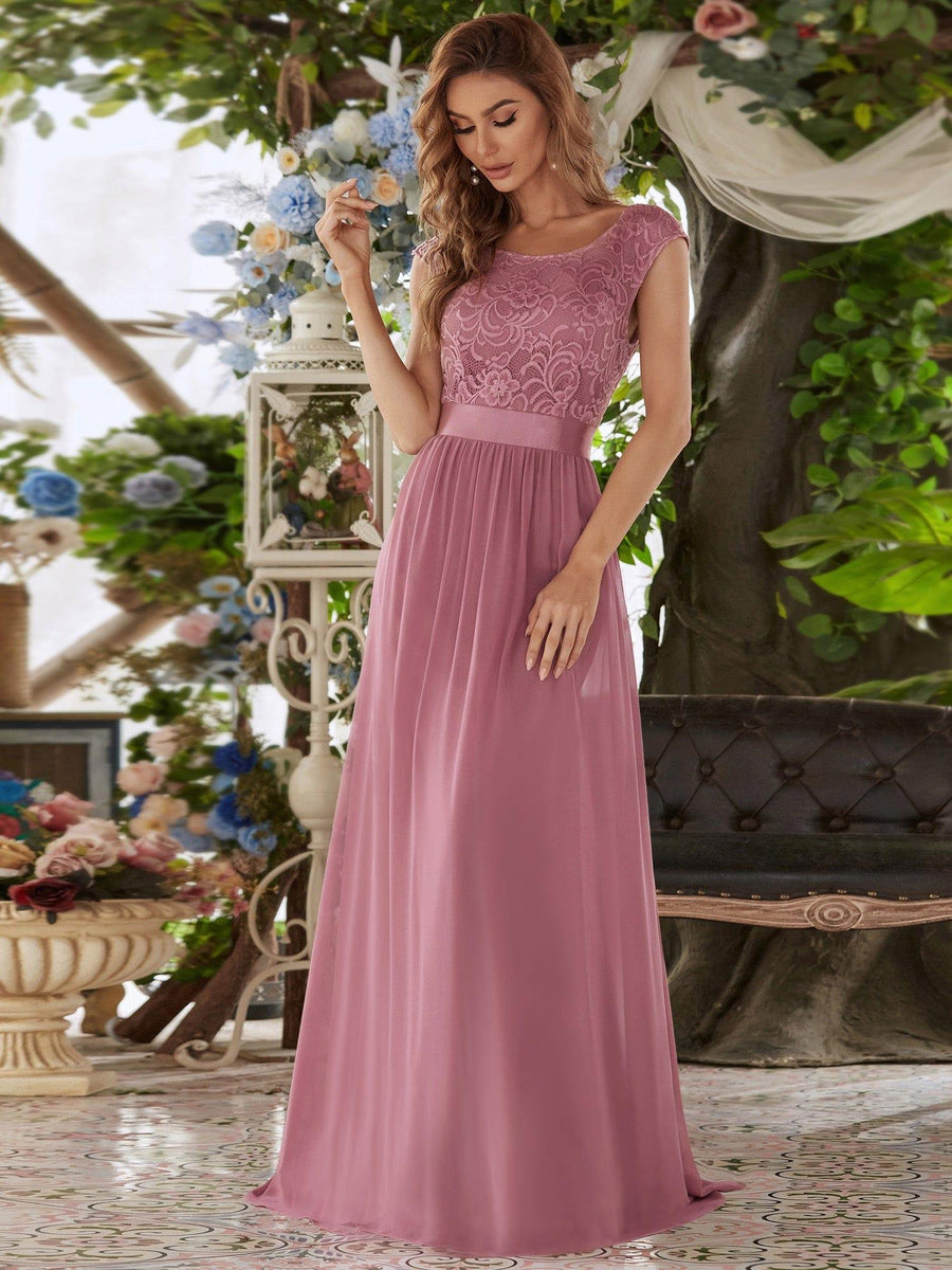 Classic Sleeveless A-Line Lace Bodice Bridesmaid Dress with Open Back