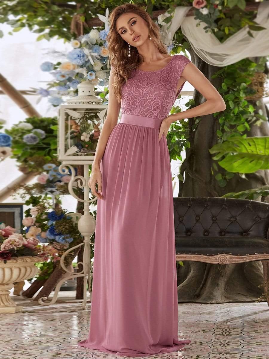 Classic Sleeveless A-Line Lace Bodice Bridesmaid Dress with Open Back