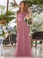 Classic Sleeveless A-Line Lace Bodice Bridesmaid Dress with Open Back
