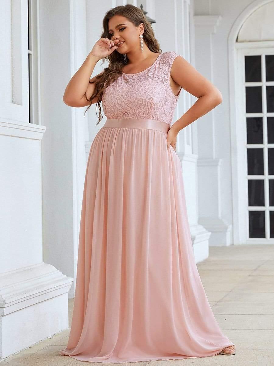 Glamorous Plus Size Round Neck A-Line Chiffon Bridesmaid Dresses with Open Back