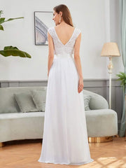 Classic Sleeveless A-Line Lace Bodice Bridesmaid Dress with Open Back