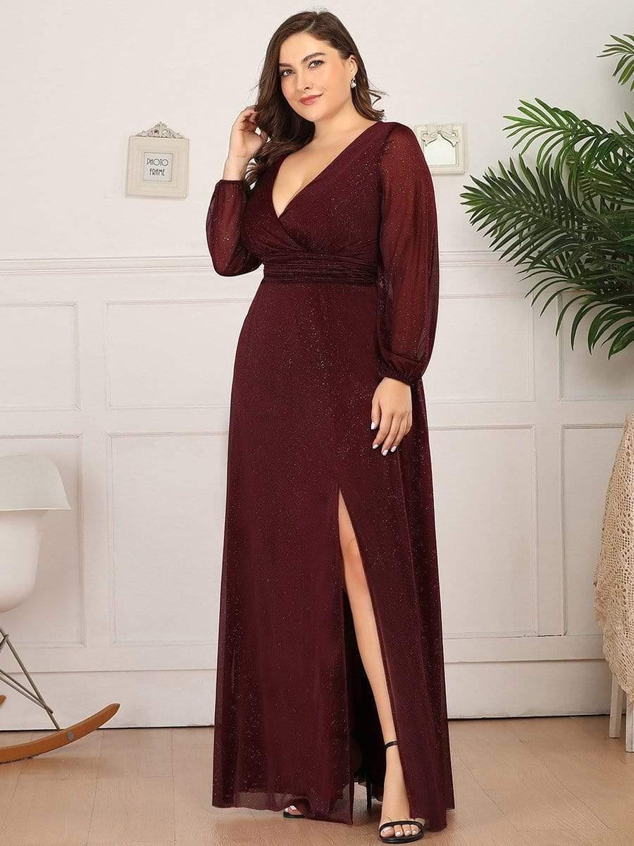 Sparkly Plus Size V-Neck Long Sleeves Evening Dress with Slit