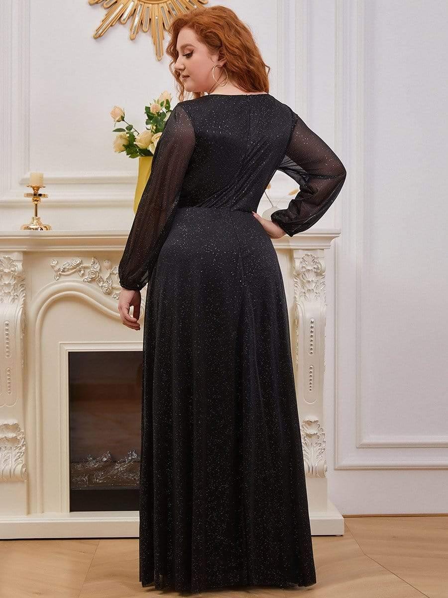 Sparkly Plus Size V-Neck Long Sleeves Evening Dress with Slit