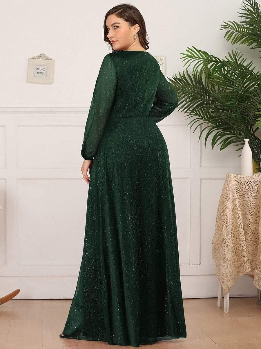 Sparkly Plus Size V-Neck Long Sleeves Evening Dress with Slit