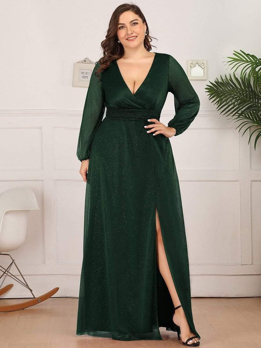 Sparkly Plus Size V-Neck Long Sleeves Evening Dress with Slit