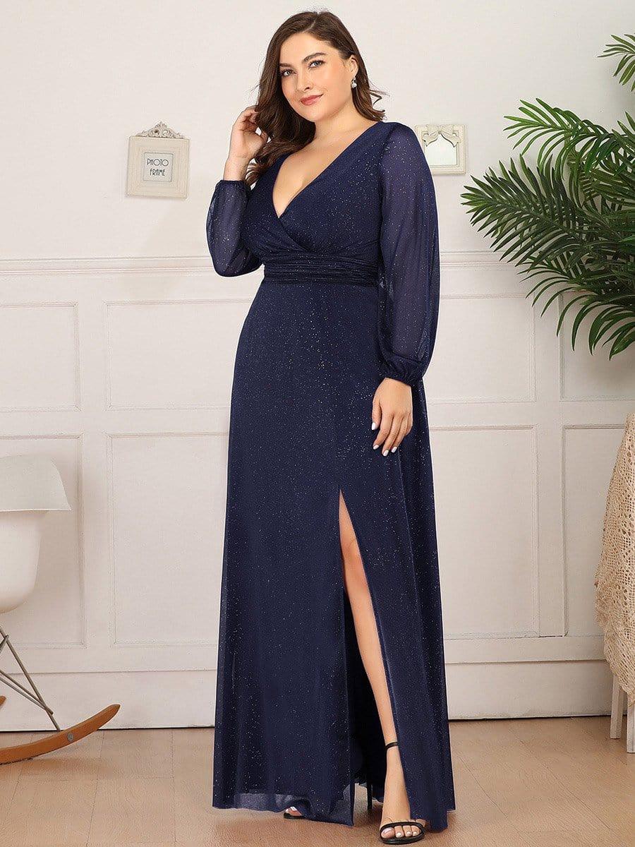 Sparkly Plus Size V-Neck Long Sleeves Evening Dress with Slit