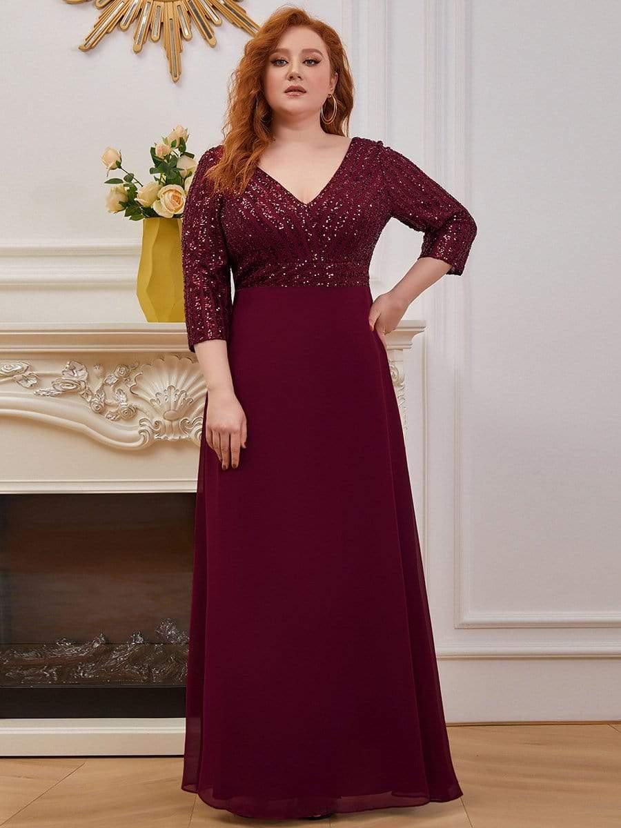 Luxurious Plus Size A-Line Sequin Formal Evening Dress with Sleeves