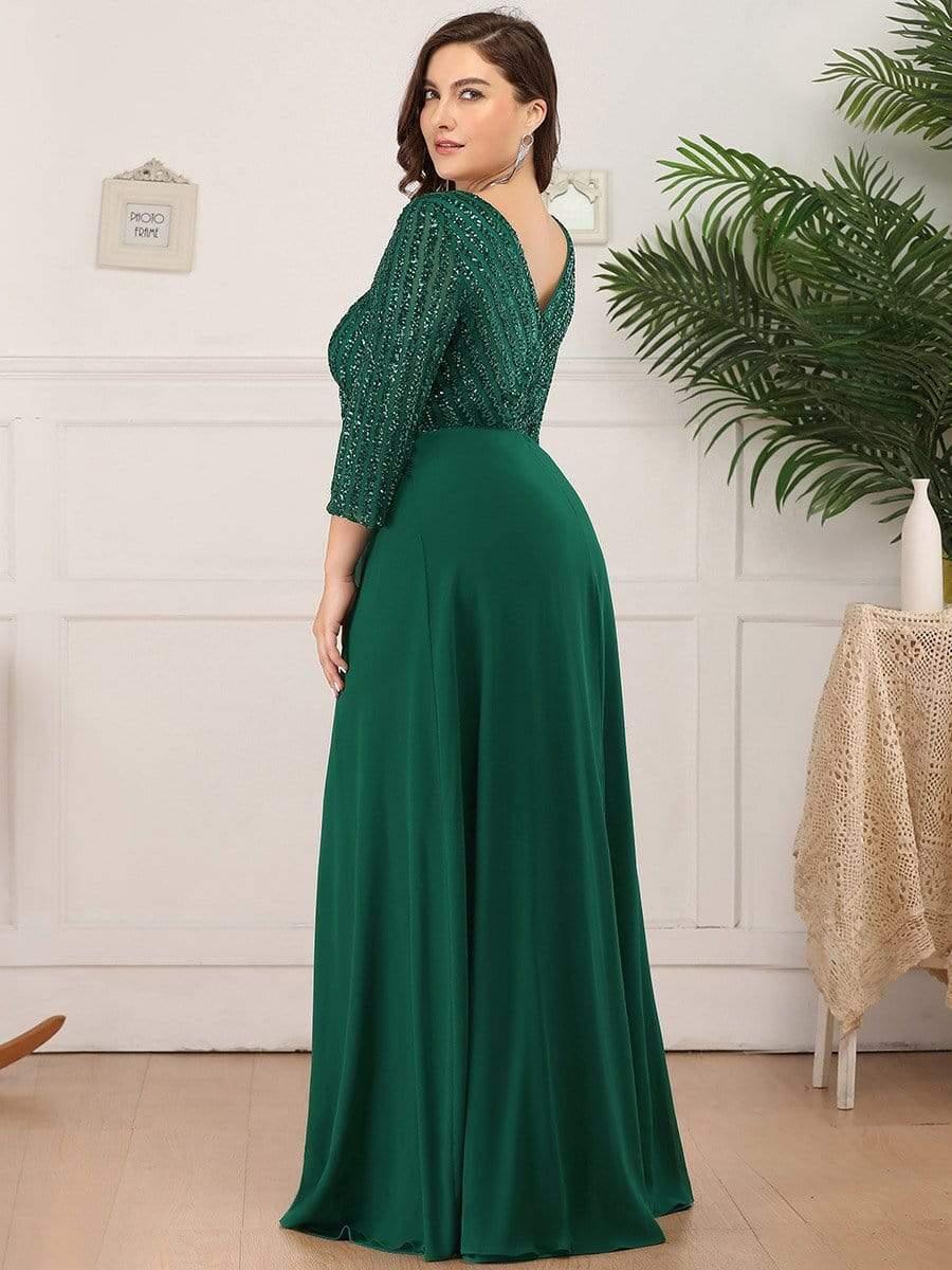 Luxurious Plus Size A-Line Sequin Formal Evening Dress with Sleeves
